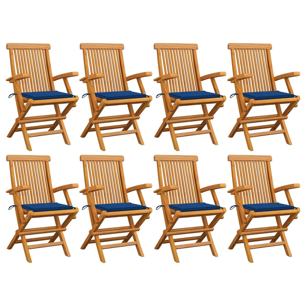 vidaXL Záhradné stoličky, kráľovsky modré podložky 8 ks, tíkový masív